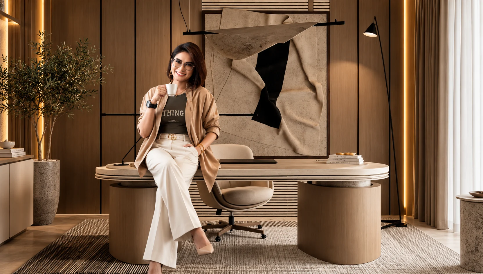 Linda Lu, Senior Interior Design Consultant, in a contemporary warm wood interior design studio
